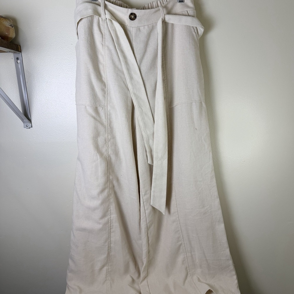 Sienna Sky High Waisted Linen Blend Wide Leg Pants Beige Paperbag Waist Large